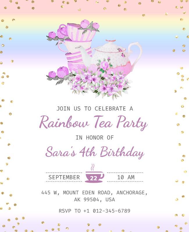 Rainbow Tea Party Birthday Celebration Flyer Template