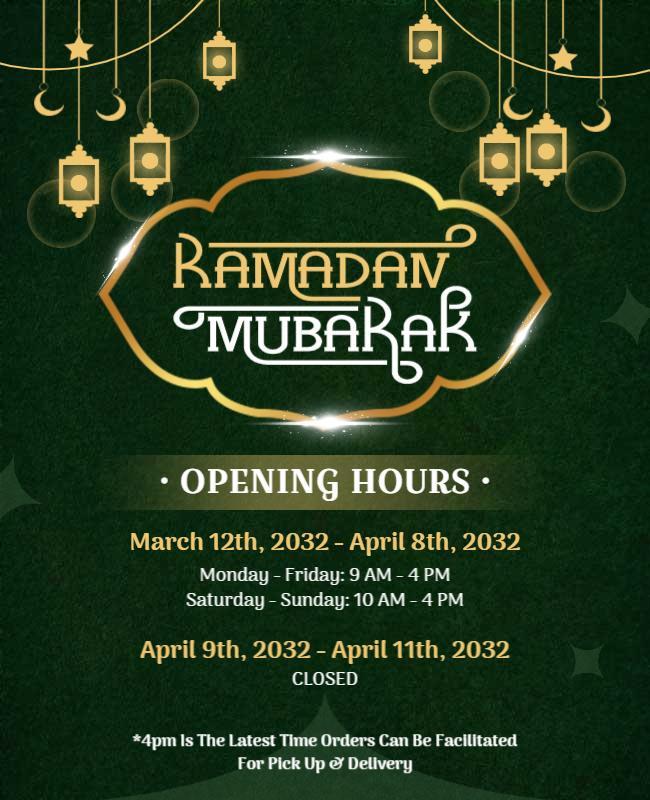 Ramadan Mubarak Opening Hours Announcement Flyer Template