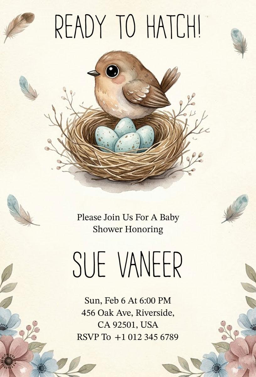 Ready to Hatch Bird Nest Themed Baby Shower Invitation Template