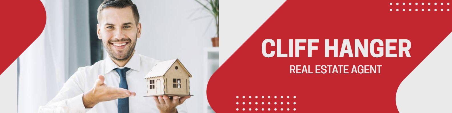 Real Estate Agent Holding Model House on Red Background LinkedIn Banner Template