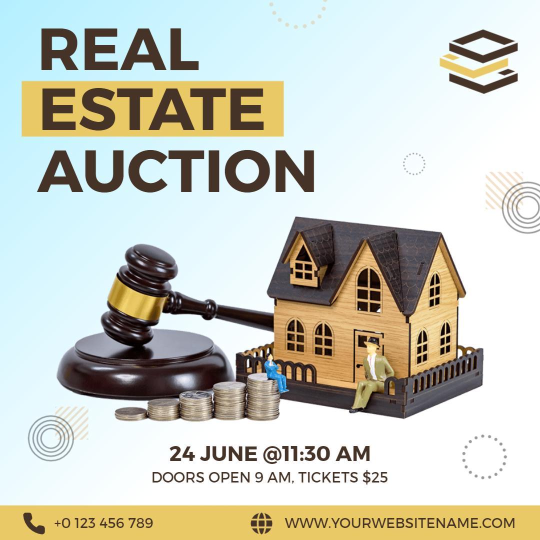 Real Estate Auction with Gavel and House Model Ad Template