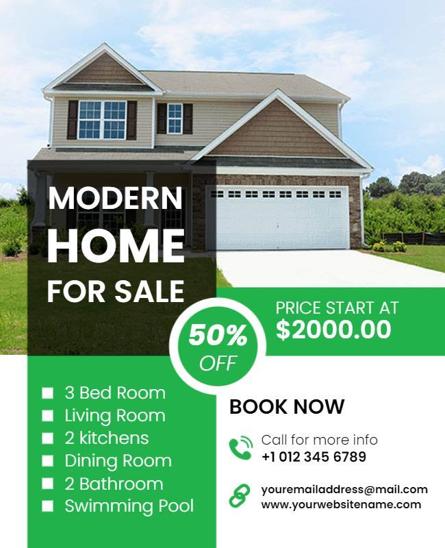 Modern Green Home for Sale with Pool and Discount Flyer Template