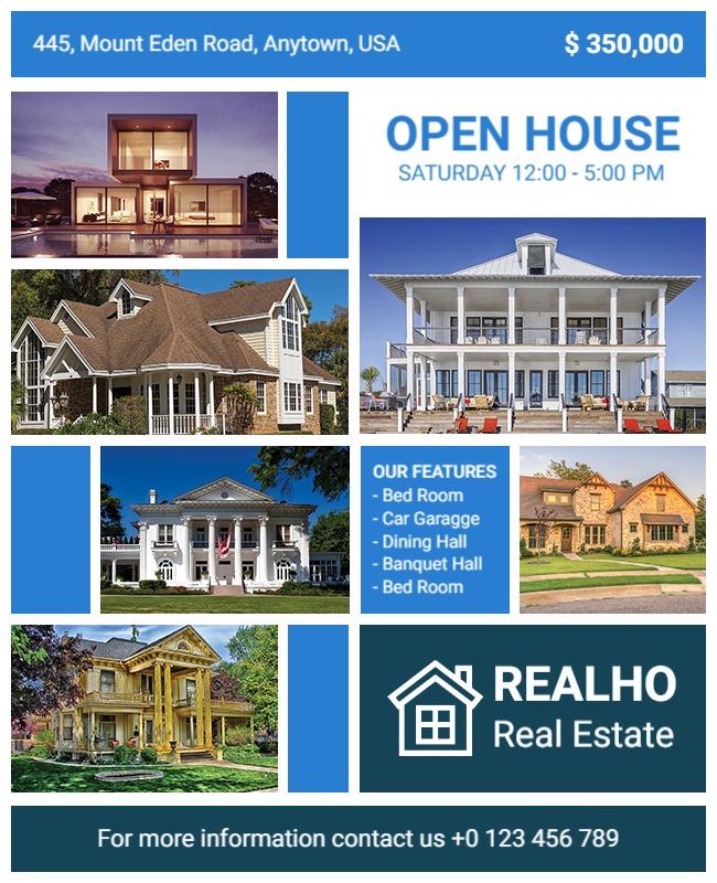 Modern Blue Open House Invitation Real Estate Flyer Template