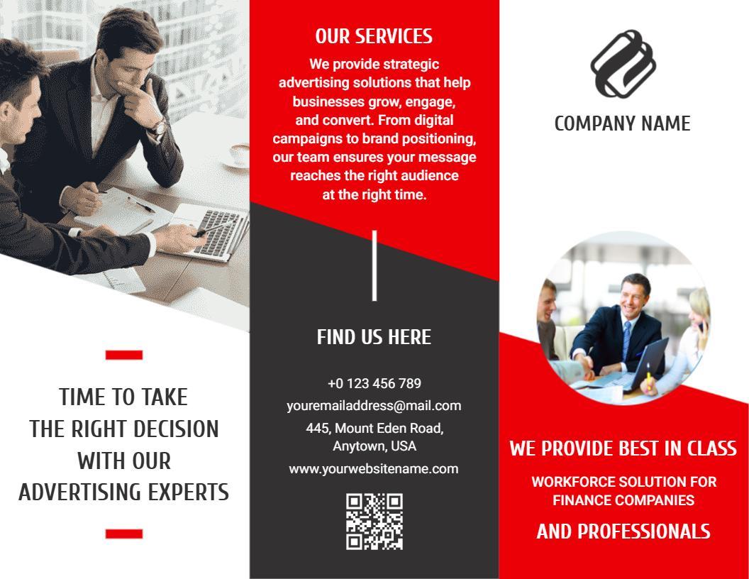 Red and Black Tri Fold Advertising Solutions Brochure Template