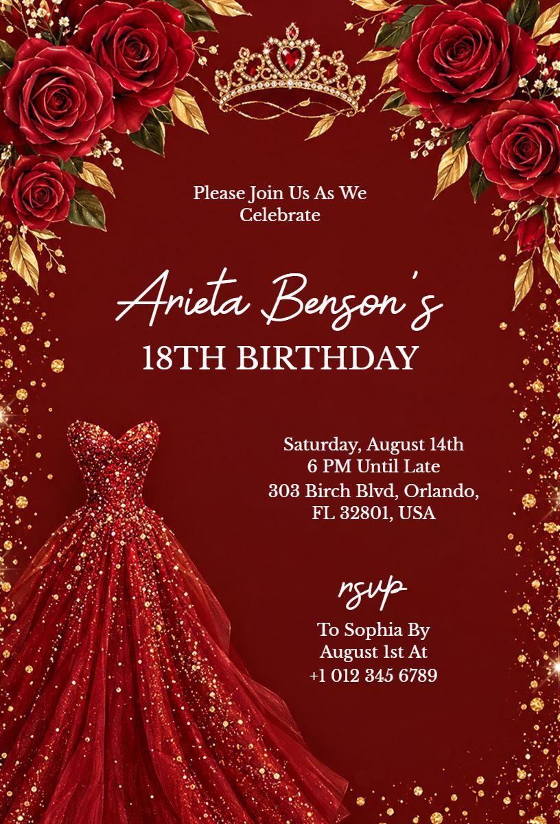 Red and Gold 18th Birthday Celebration Invitation Template