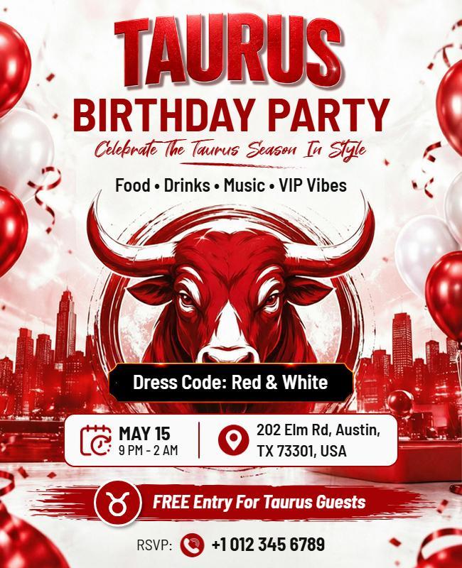 Red and White Themed Taurus Birthday Celebration Flyer Template
