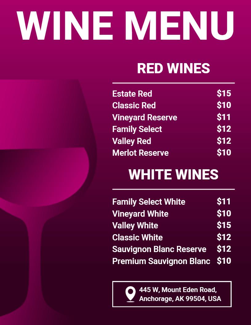 Red and White Wines Offered Menu Template