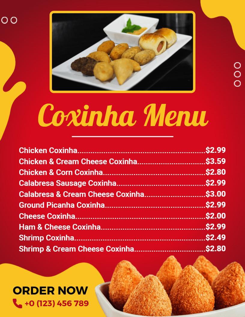Red and Yellow Themed Delicious Coxinha Food Menu Template