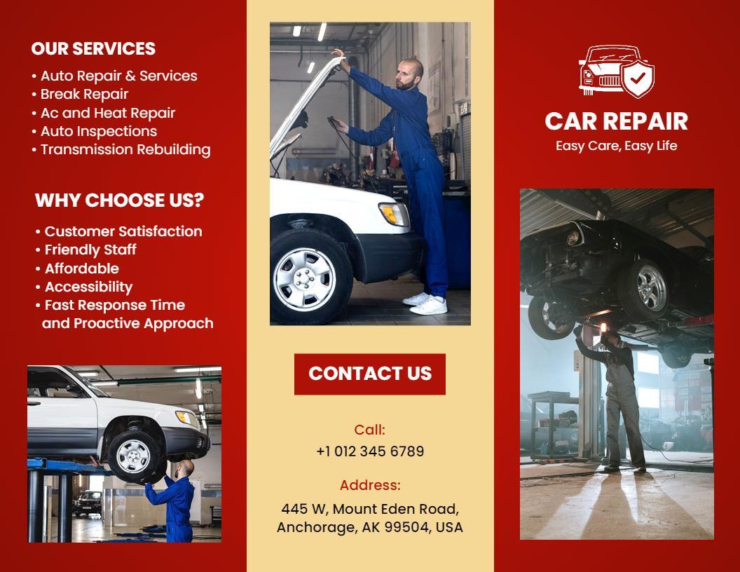 Red Automotive Car Repair Services and Maintenance Brochure Template