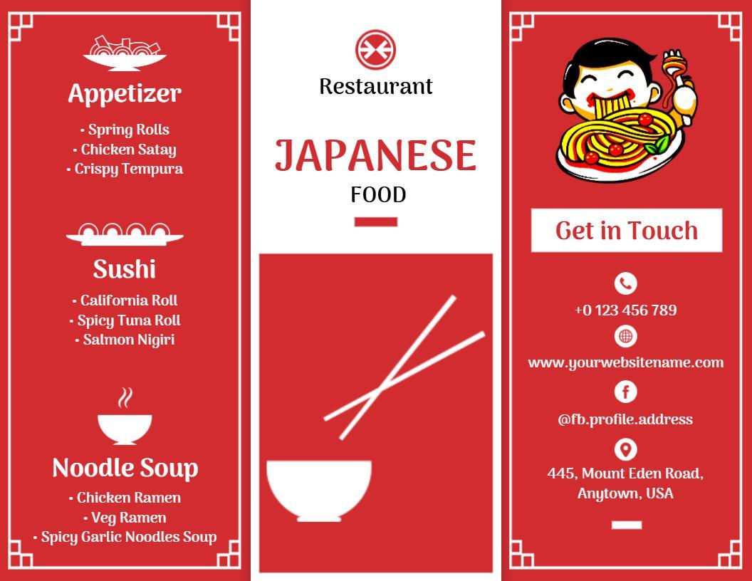 Red Japanese Restaurant Food Menu Brochure Template
