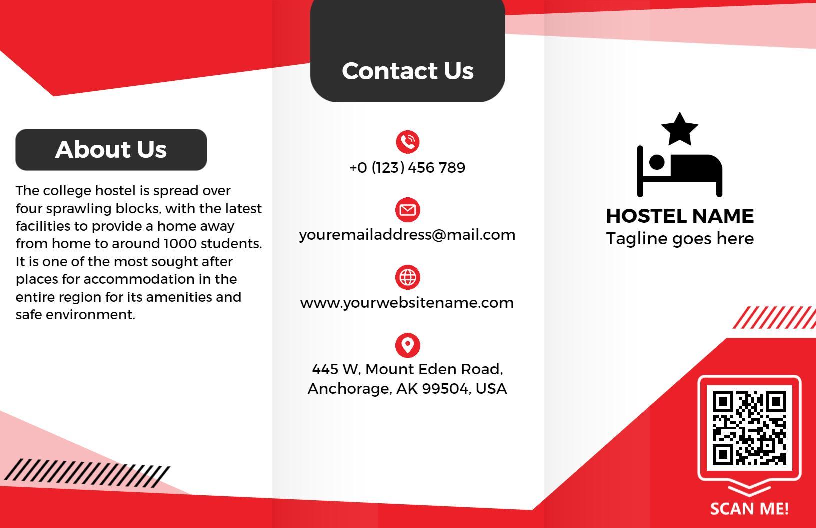 Red Modern Hostel Accommodation Facilities Tri Fold Brochure Template