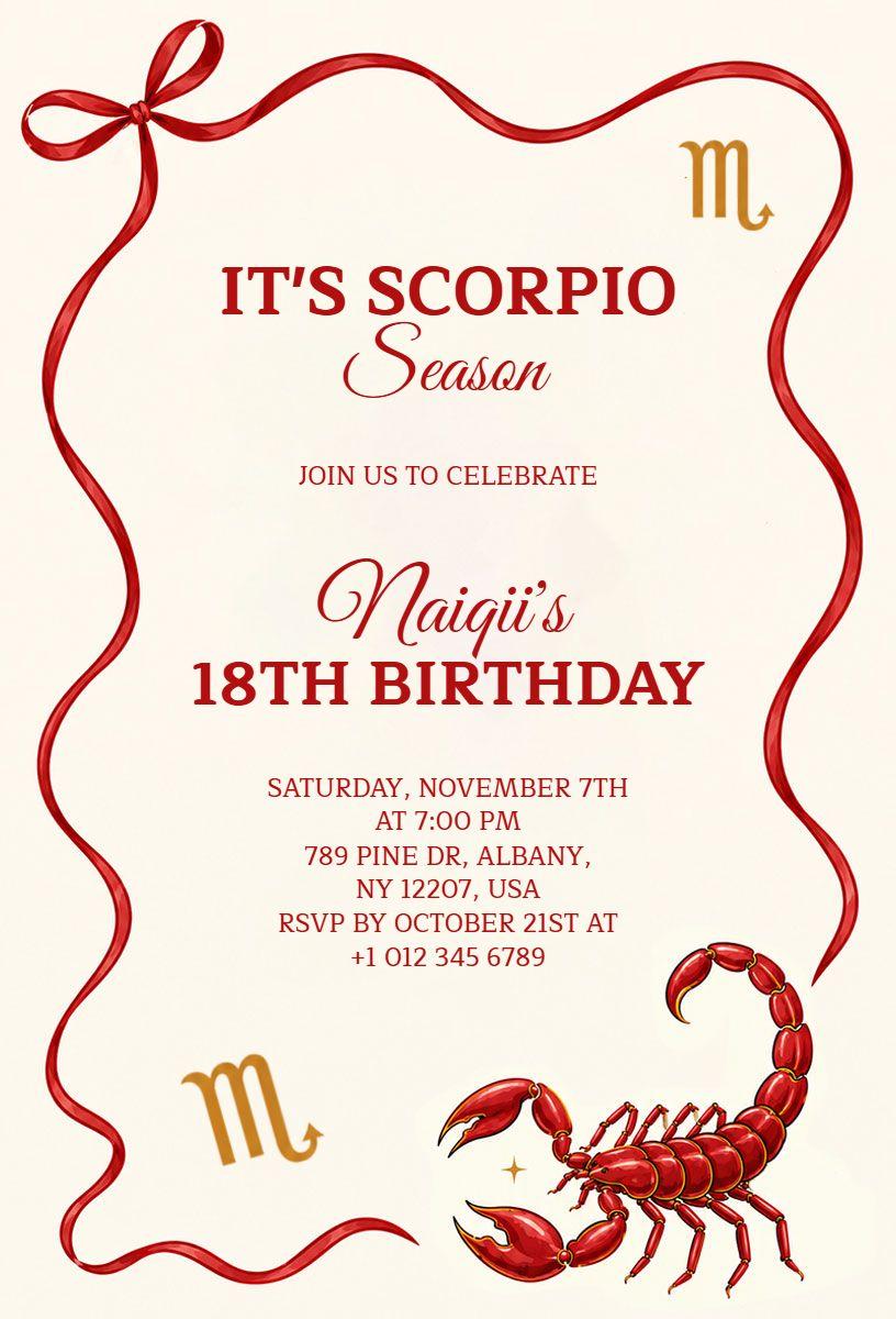 Red Scorpio Zodiac 18th Birthday Party Invitation Template
