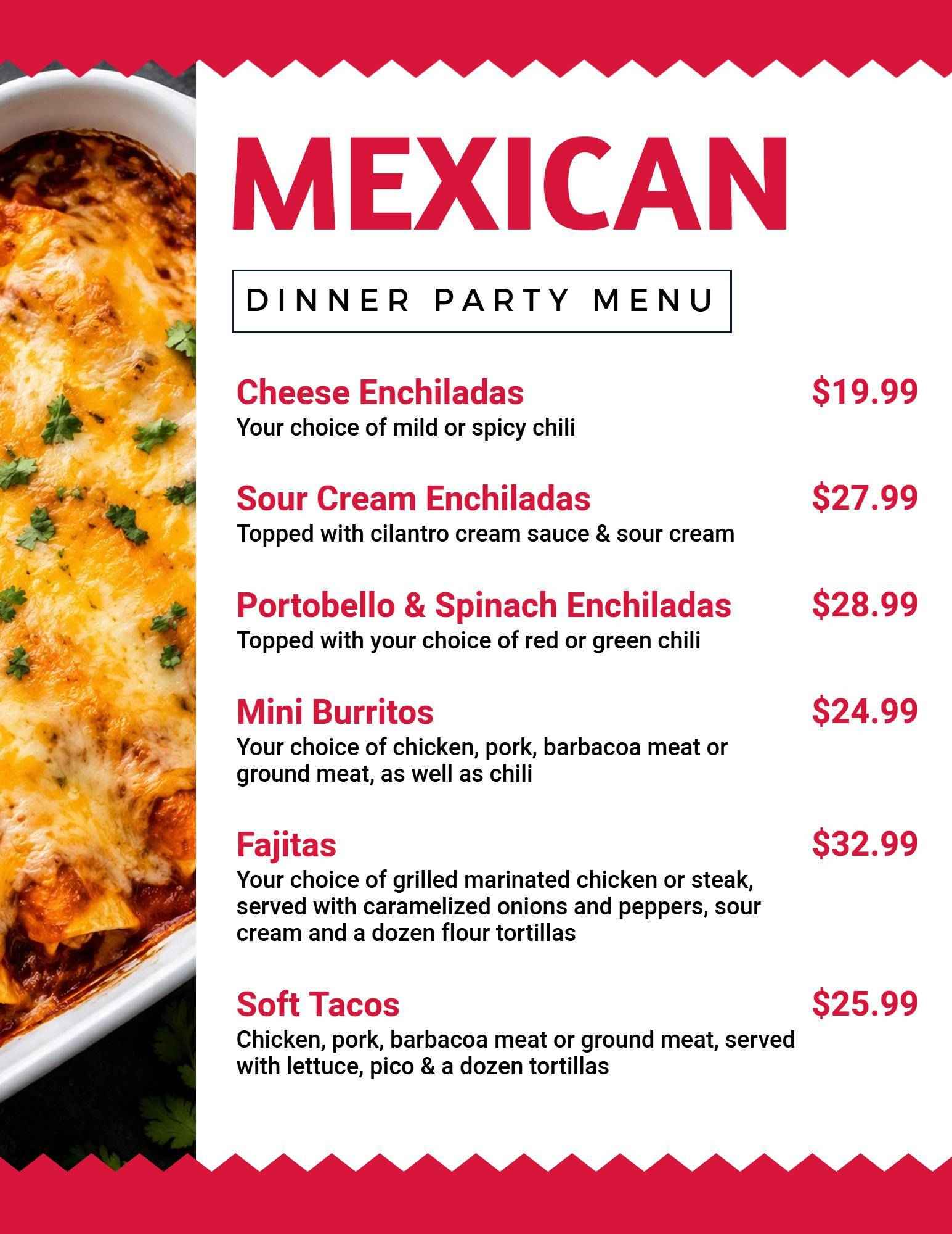 Red Themed Mexican Dinner Party Menu Template