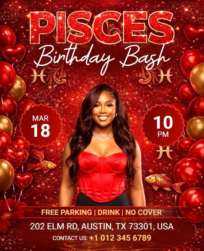 Red Themed Pisces Zodiac Birthday Bash Celebration Flyer Template