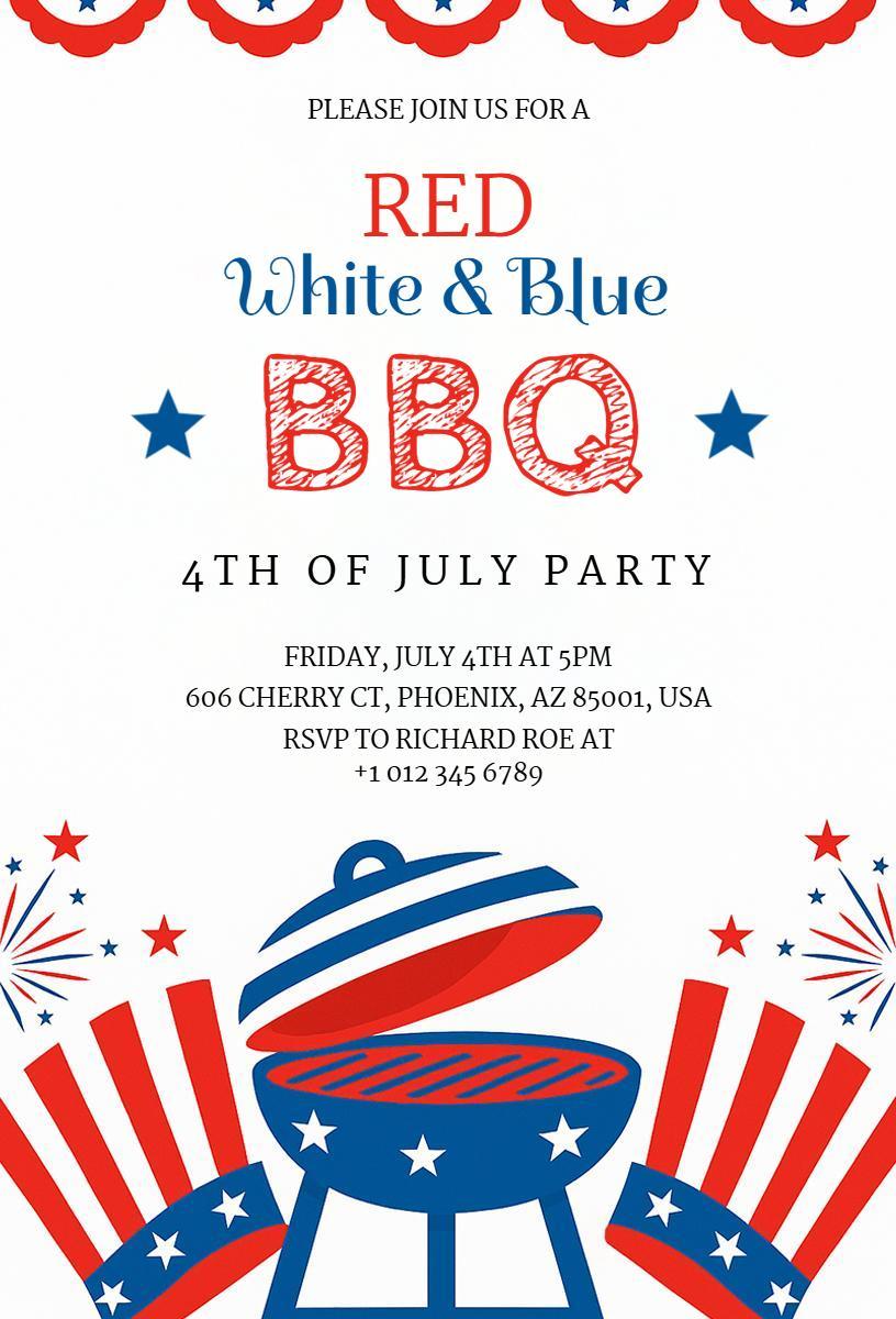 Red White Blue BBQ 4th of July Celebration Invitation Template