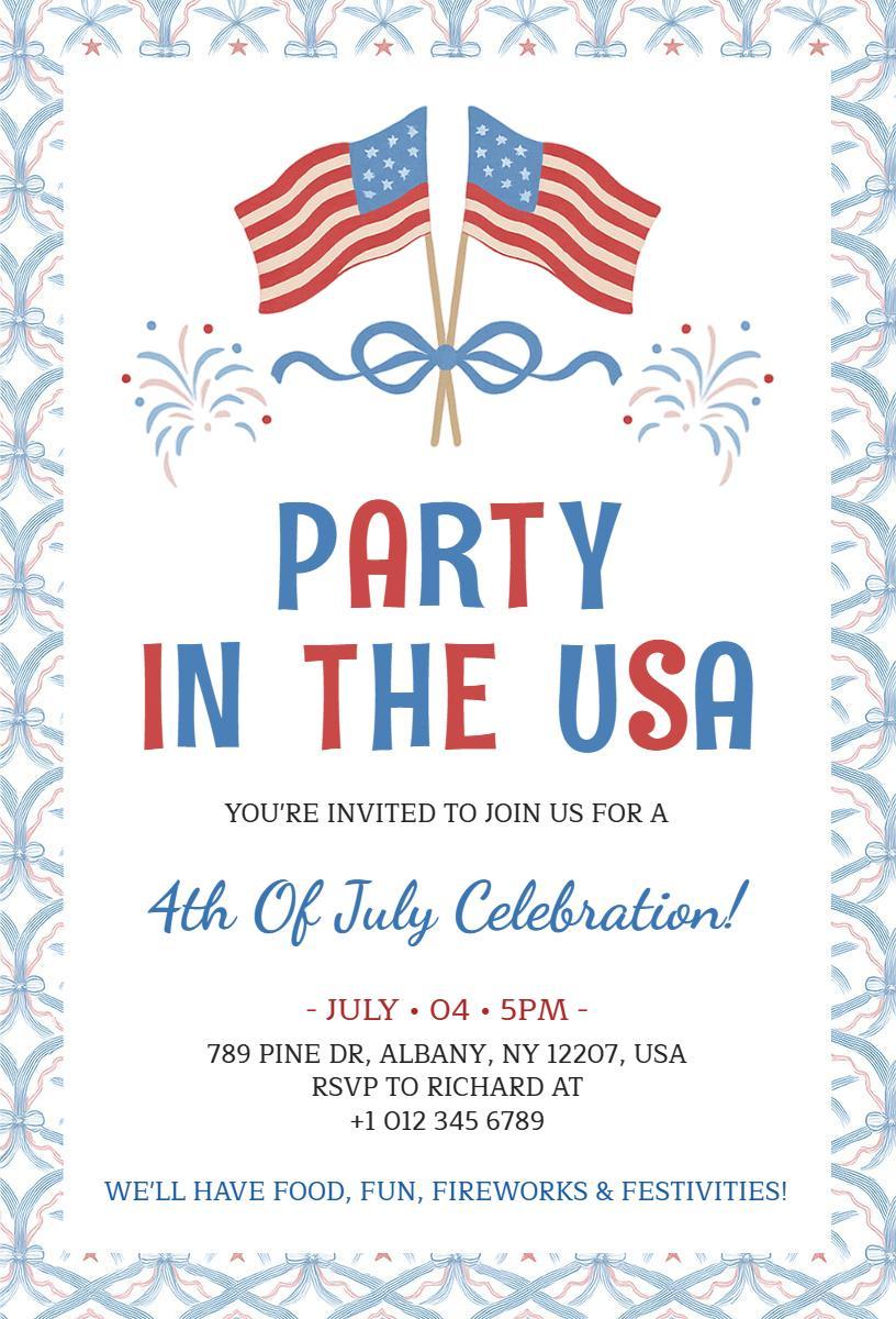 Red White Blue Patriotic 4th of July Celebration Invitation Template