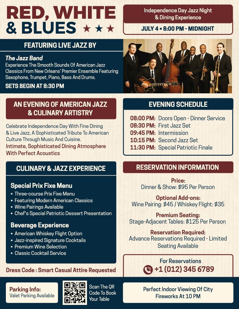 Red, White & Blues Jazz Night Dining Experience Flyer Template