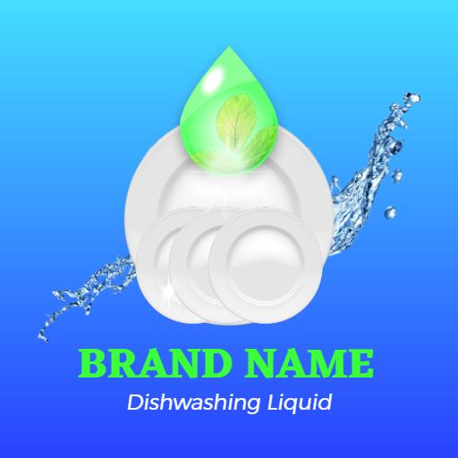 Refreshing Blue and Green Dishwashing Liquid with Clean Plates Logo Template