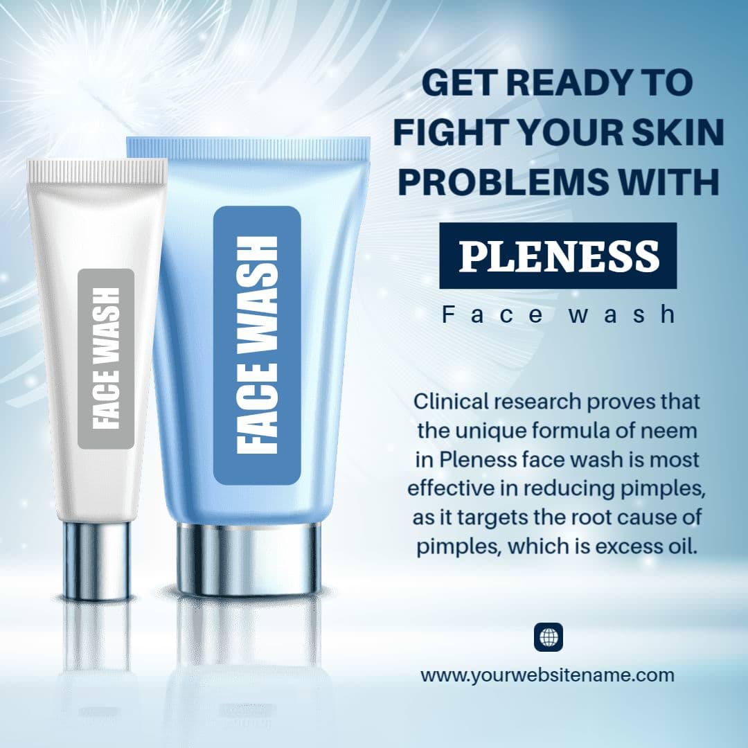 Refreshing Blue Face Wash Promotion for Skincare Solutions Ad Template