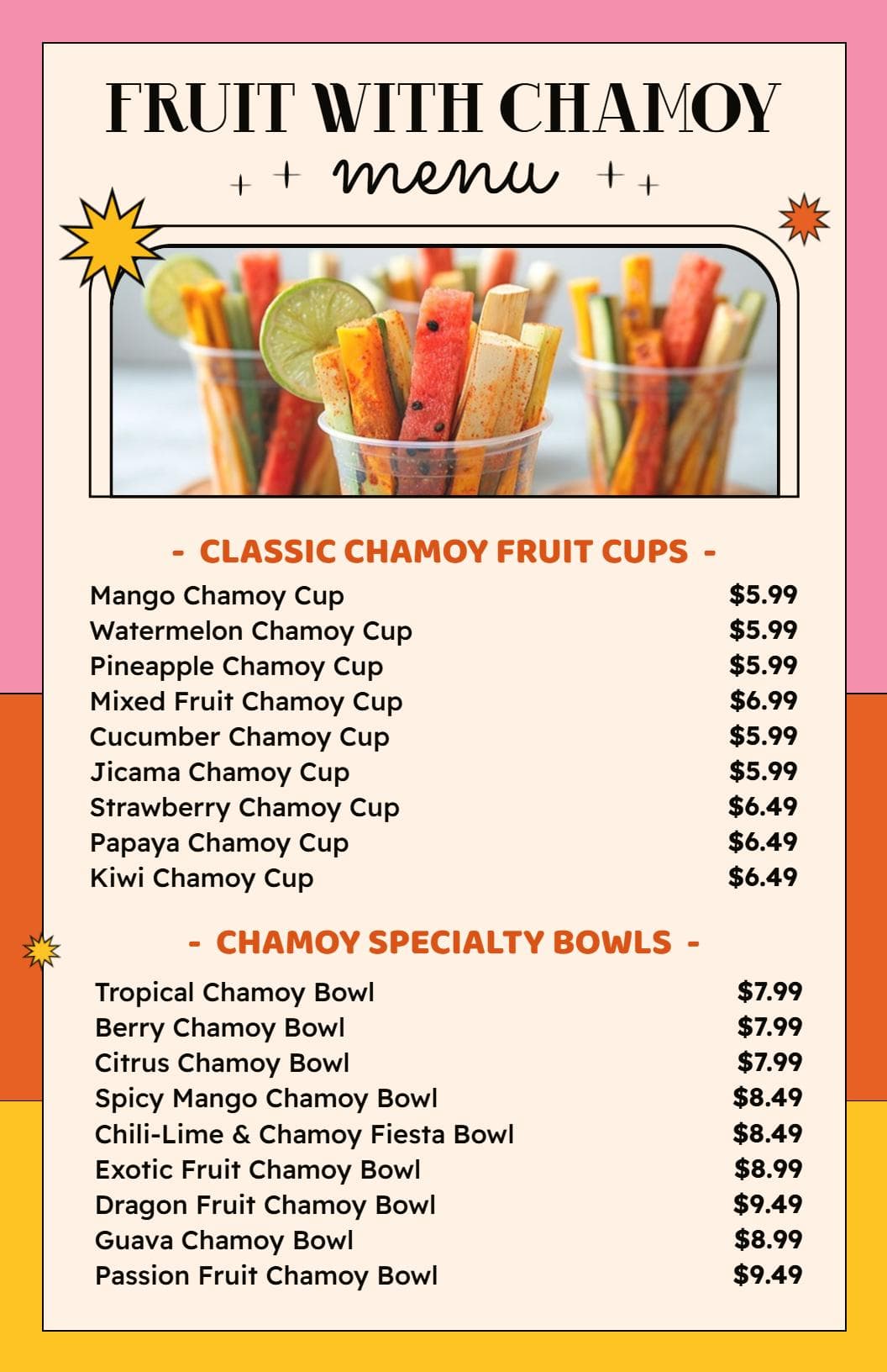 Refreshing Chamoy and Fruit Combinations Delight Dessert Menu Template