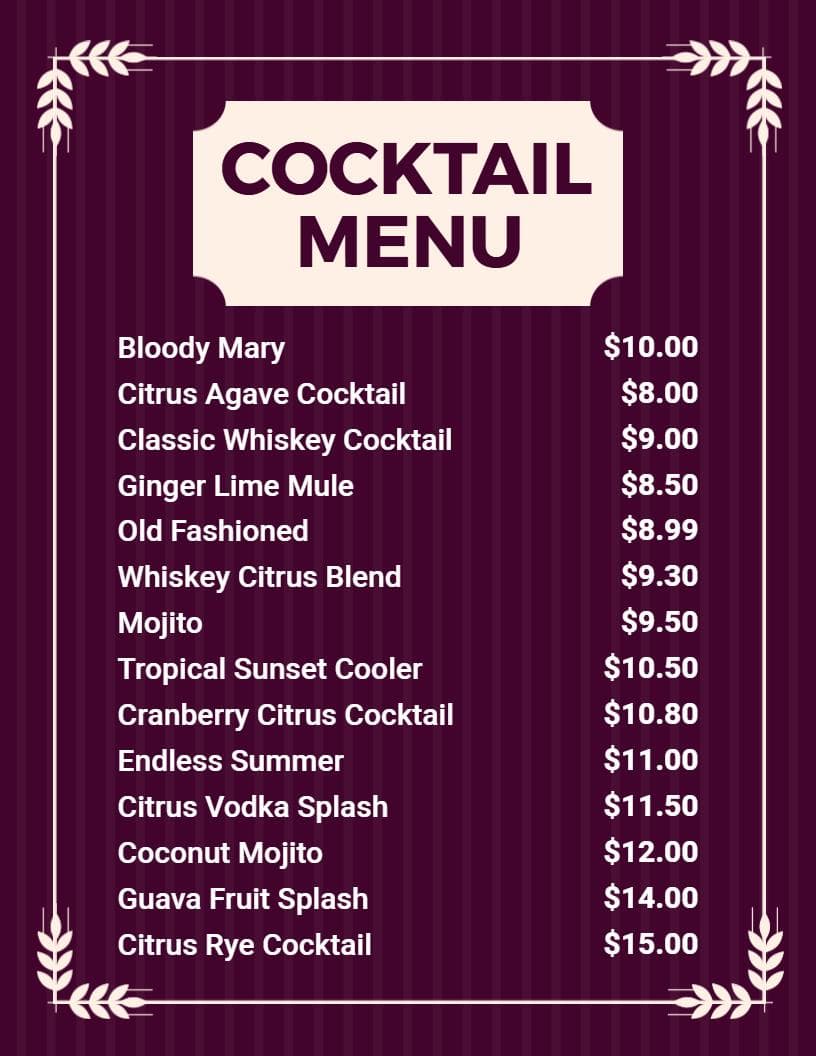 Refreshing Citrus and Classic Cocktail Selections Cocktail Menu Template