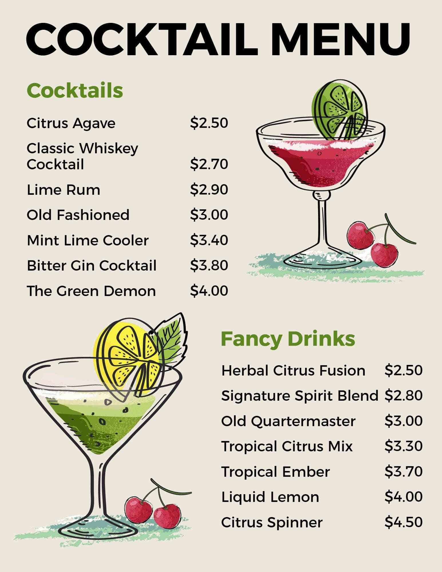 Refreshing Citrus and Classic Cocktails with Unique Flavors Cocktail Menu Template