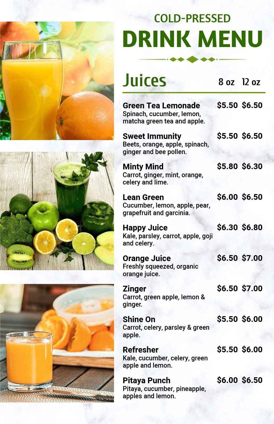 Refreshing Citrus and Greens Juice Blends Featuring Health Benefits Juice Menu Template