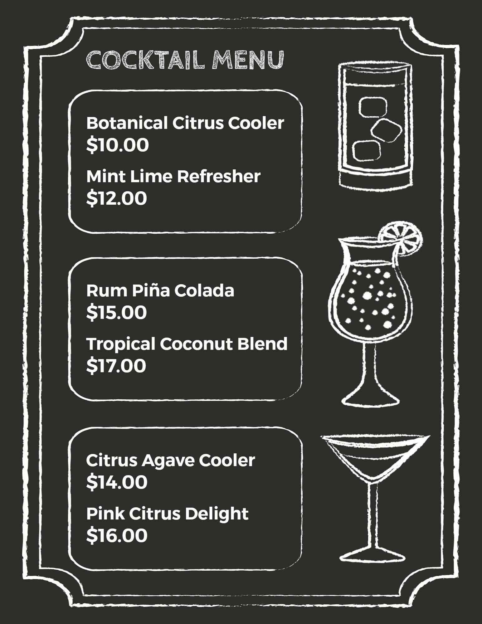 Refreshing Citrus and Tropical Blends Featuring Signature Drinks Cocktail Menu Template