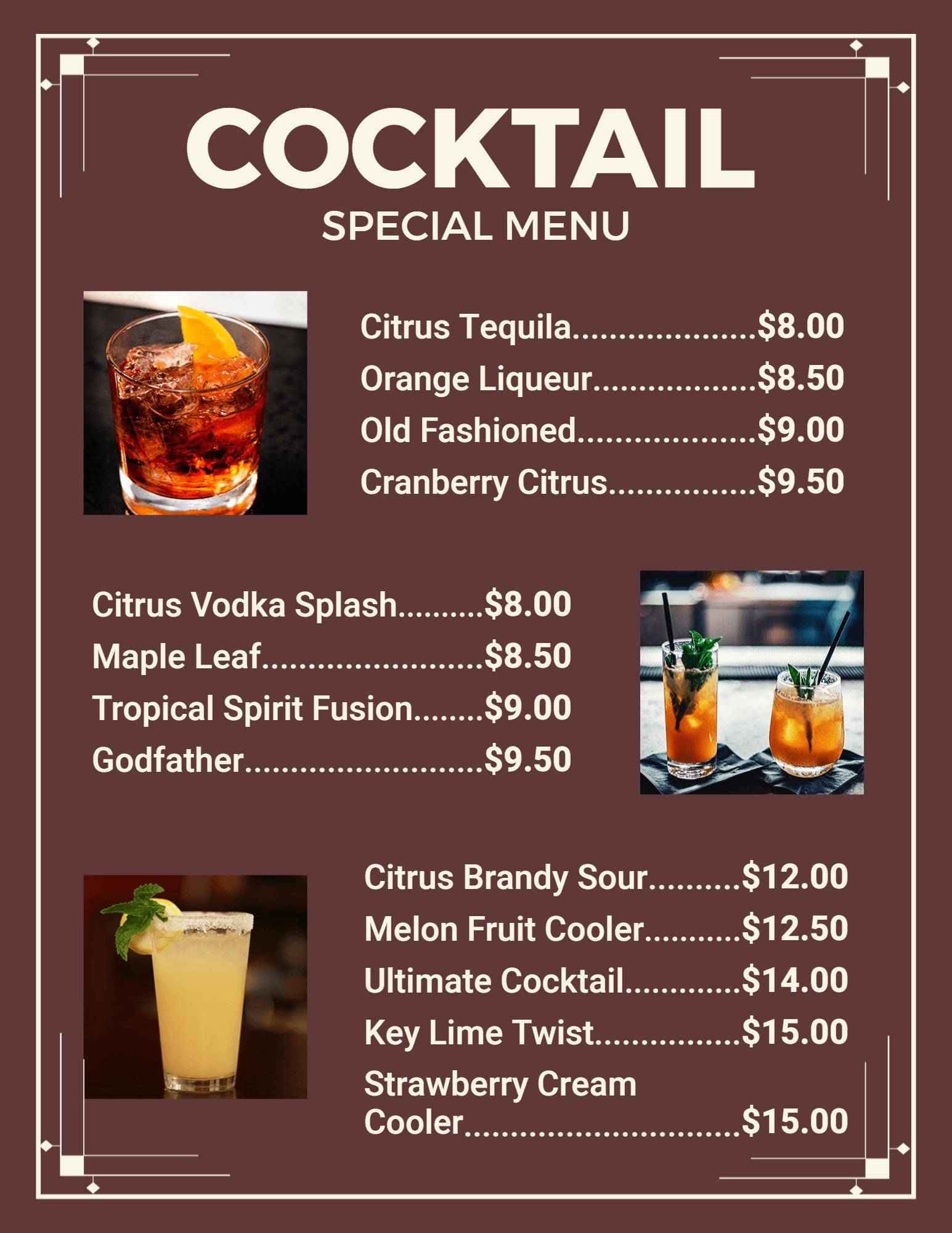 Refreshing Citrus and Unique Flavor Combinations Cocktail Menu Template