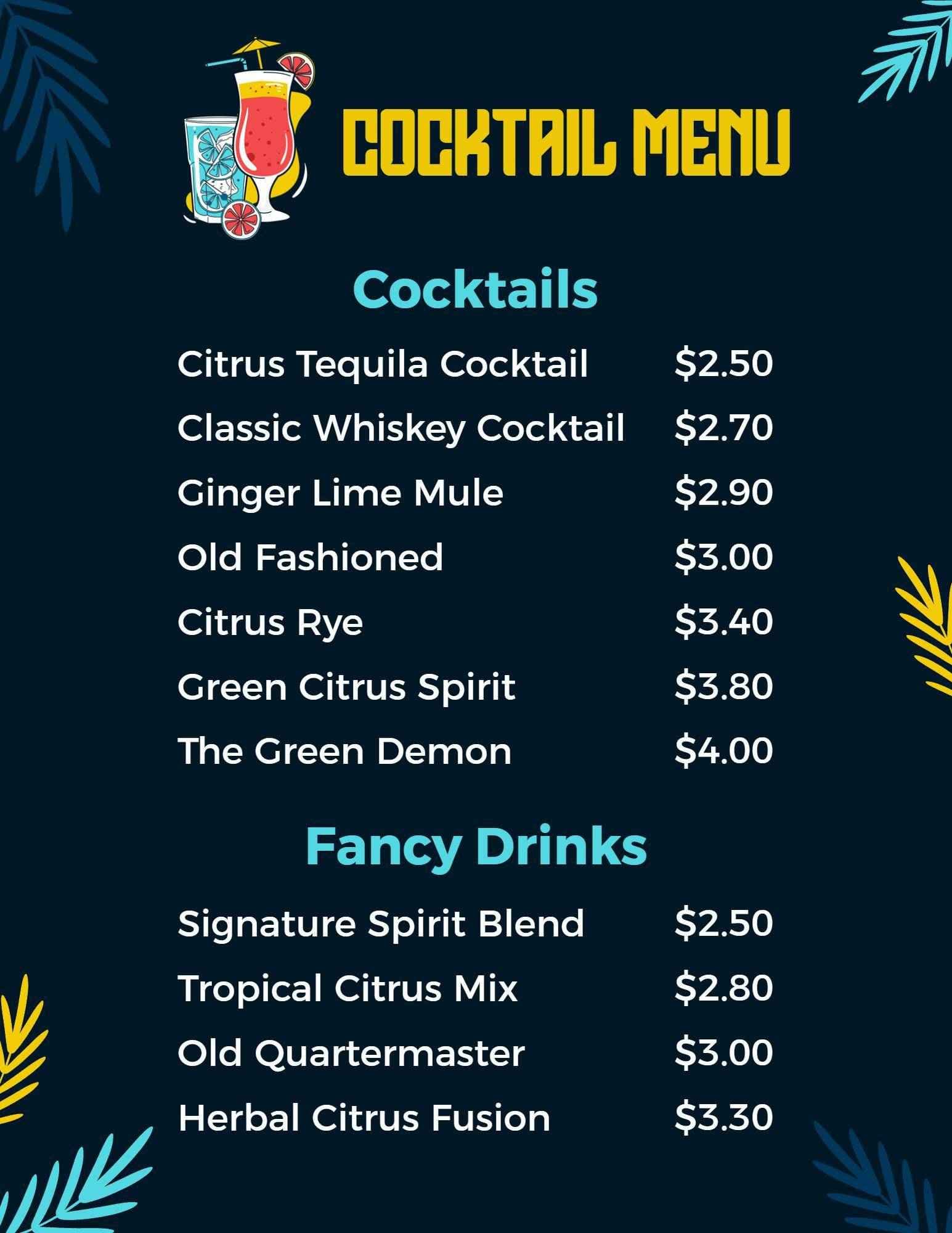 Refreshing Citrus and Whiskey Cocktails with Unique Blends Cocktail Menu Template