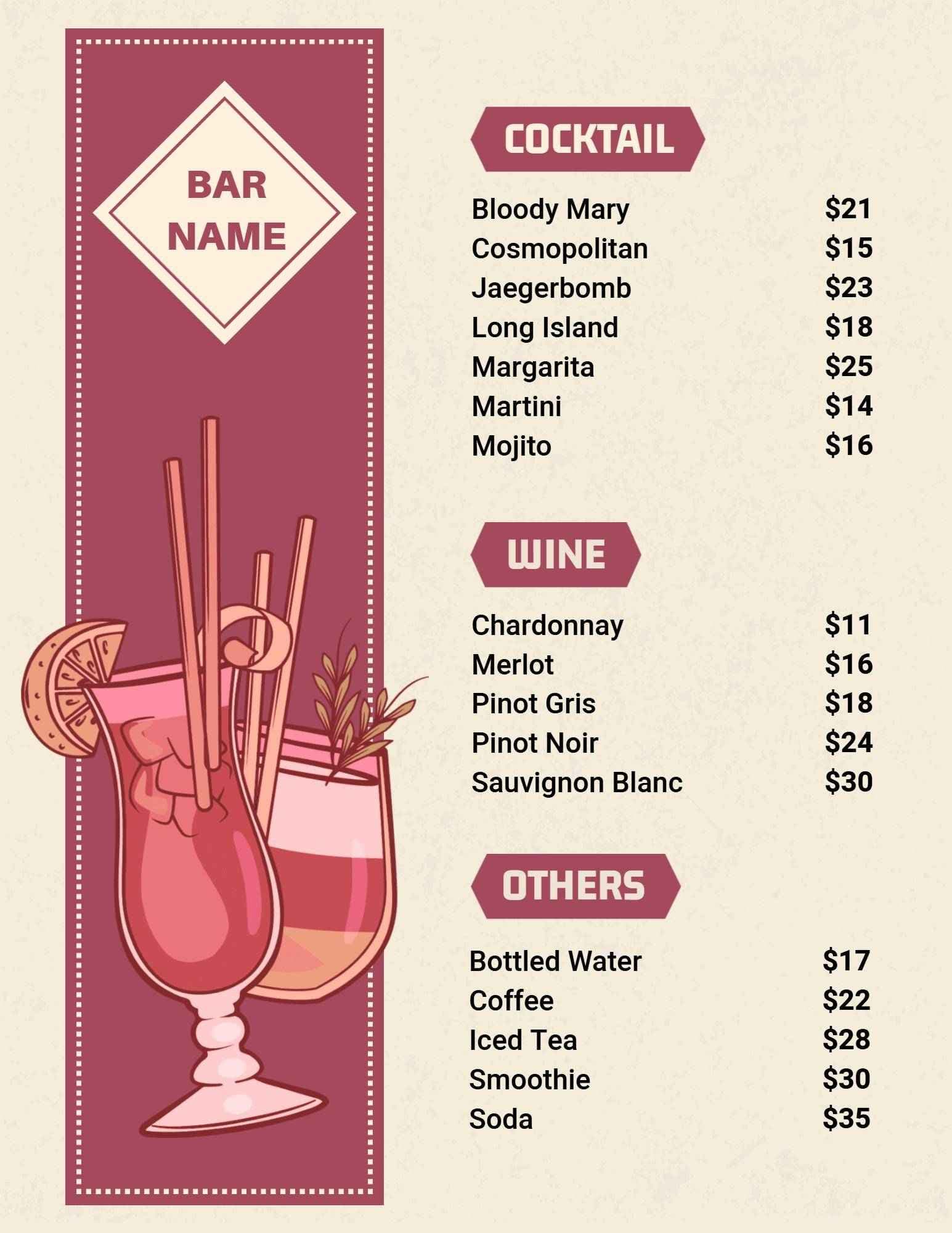 Refreshing Cocktail and Wine Selections for All Occasions Bar Menu Template