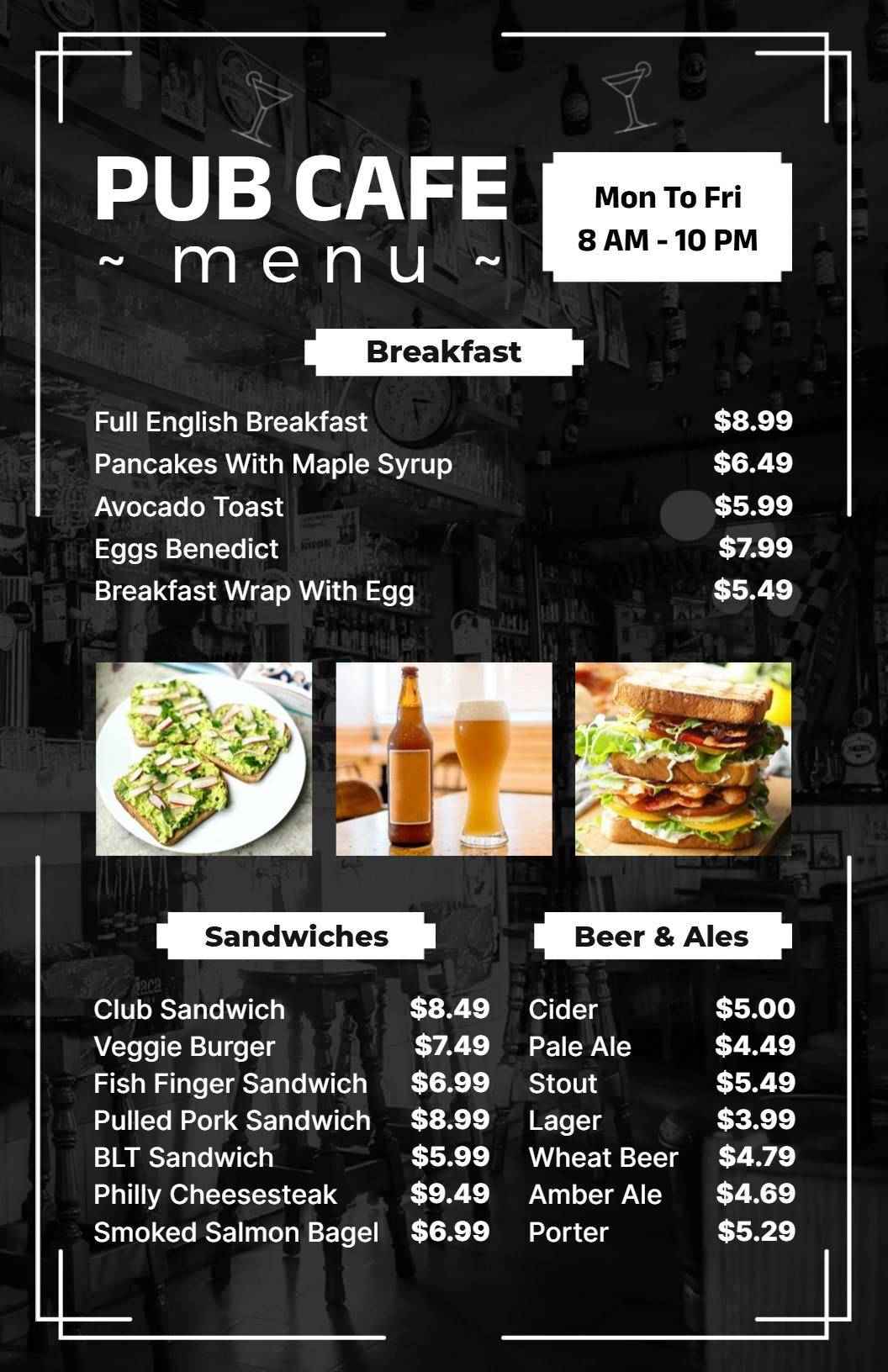 Refreshing Cocktails and Beers with Tasty Snacks Bar Menu Template