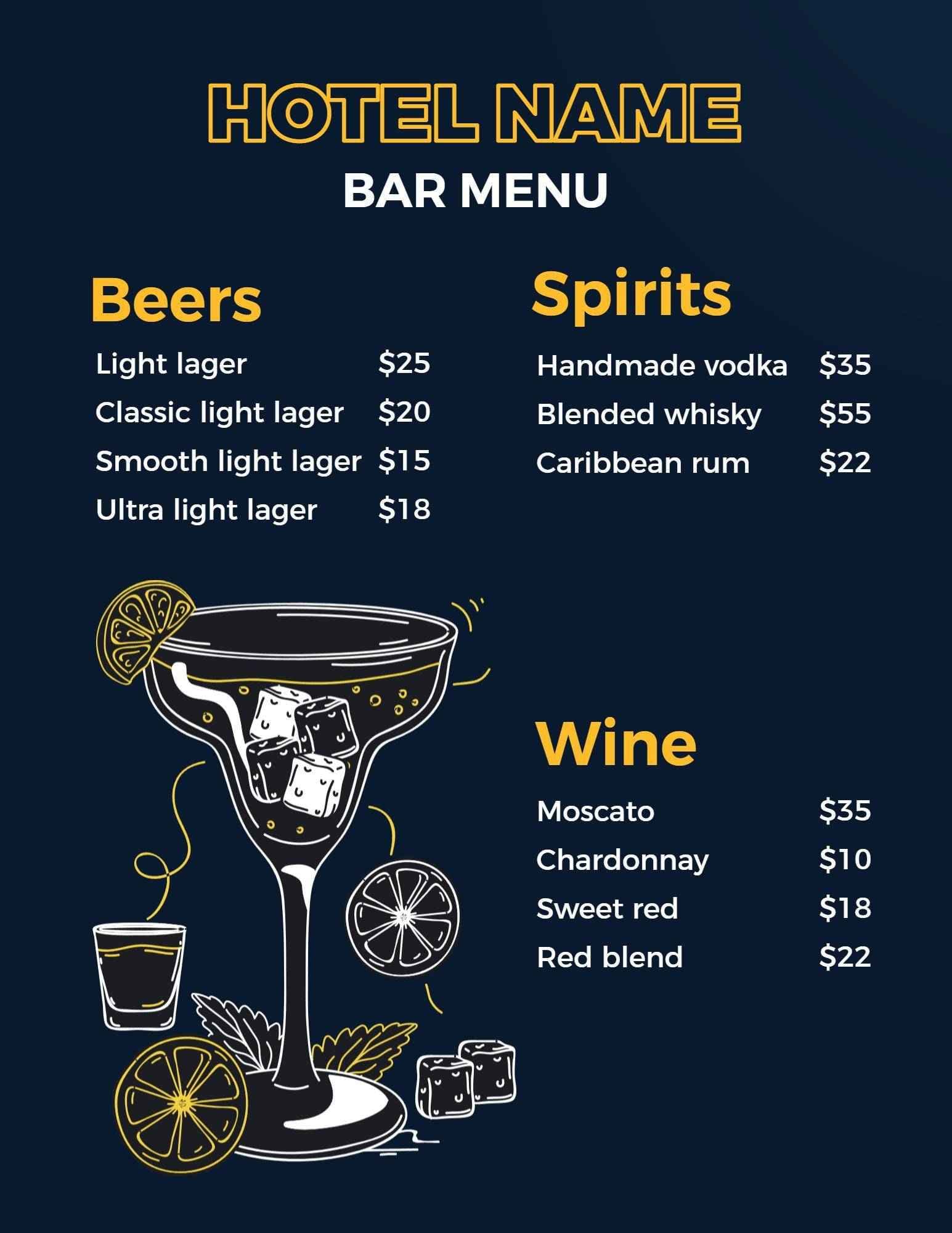 Refreshing Cocktails and Quality Beers Featuring Spirits Bar Menu Template