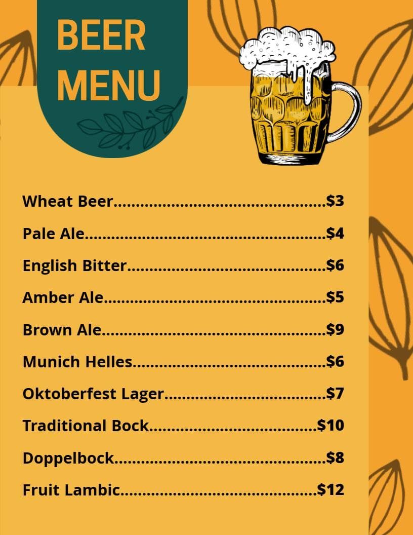 Refreshing Craft Beer Selections for Every Taste Bar Menu Template