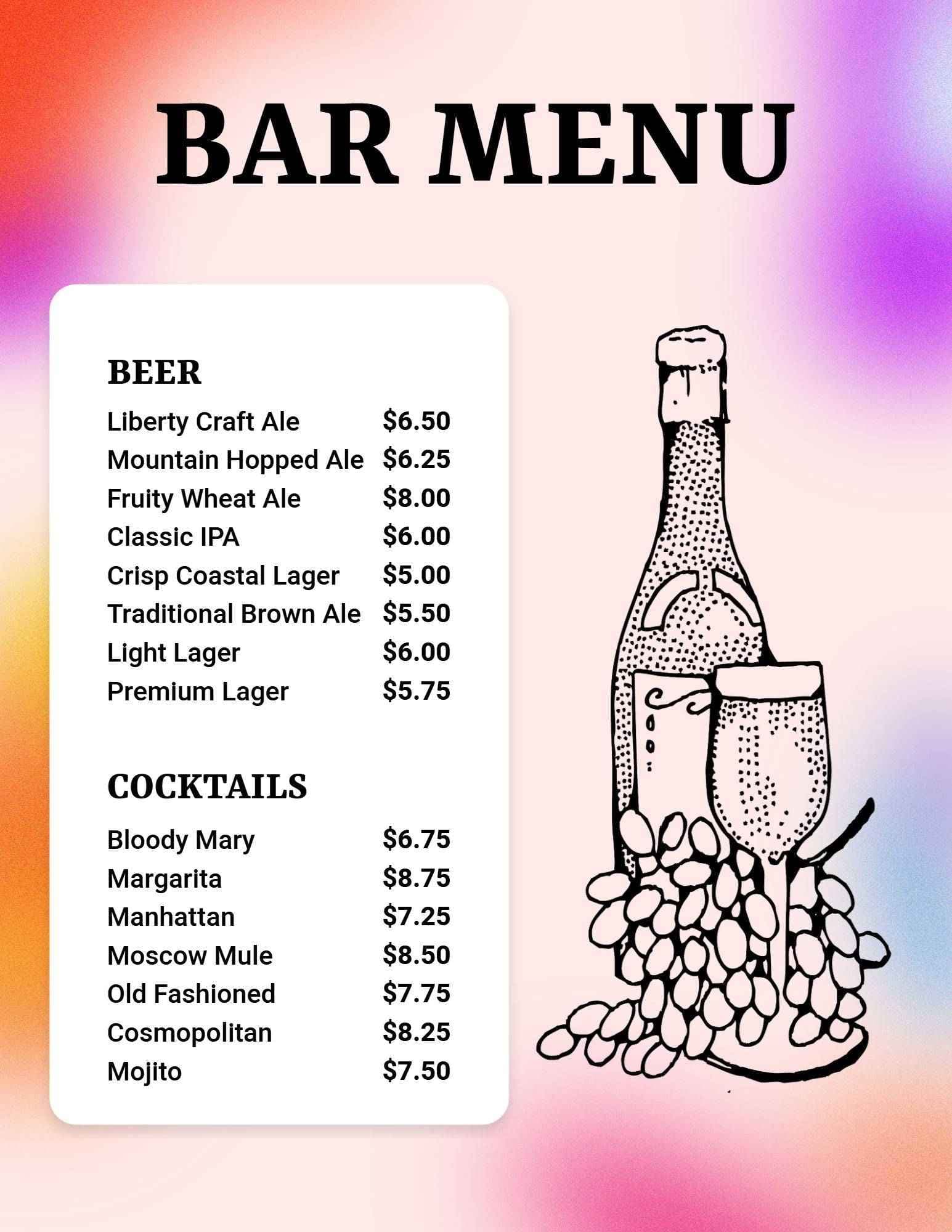 Refreshing Craft Beers and Classic Cocktails Bar Menu Template