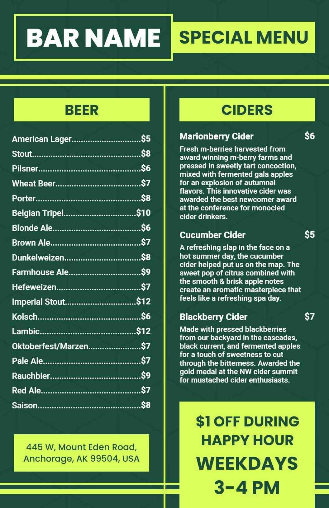 Refreshing Craft Beers and Unique Ciders Selection Bar Menu Template