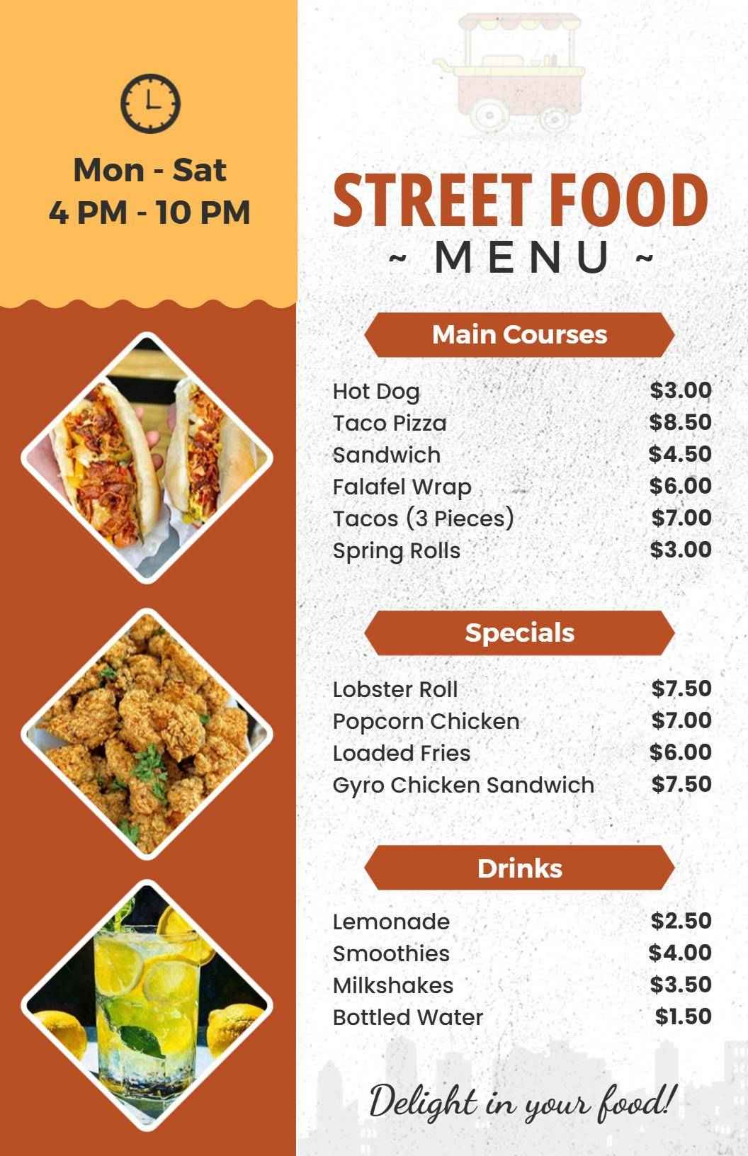 Refreshing Drinks with Classic Street Food Menu Options Template