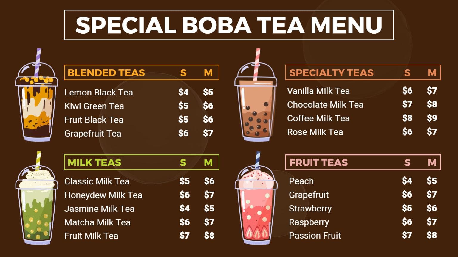 Refreshing Fruit and Creamy Milk Tea Selections Boba Menu Template