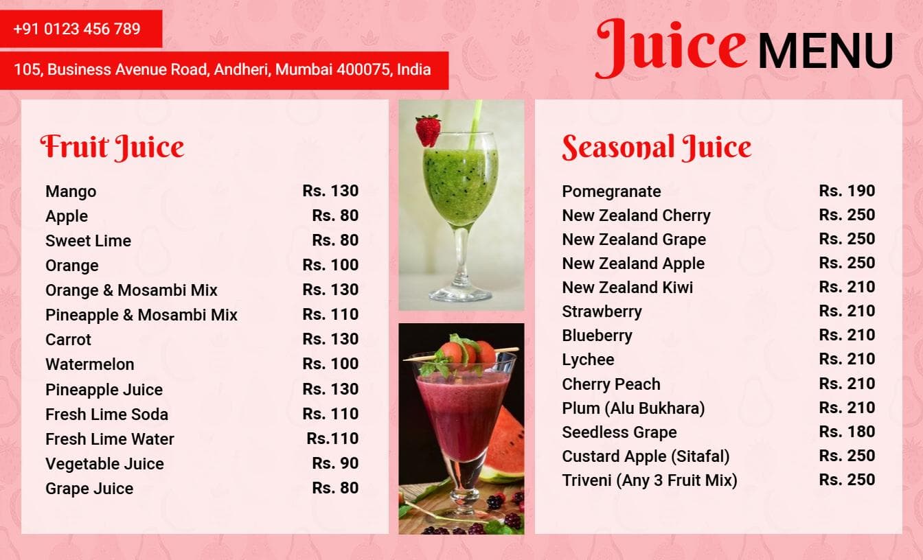 Refreshing Fruit and Seasonal Juice Selections for All Tastes Juice Menu Template
