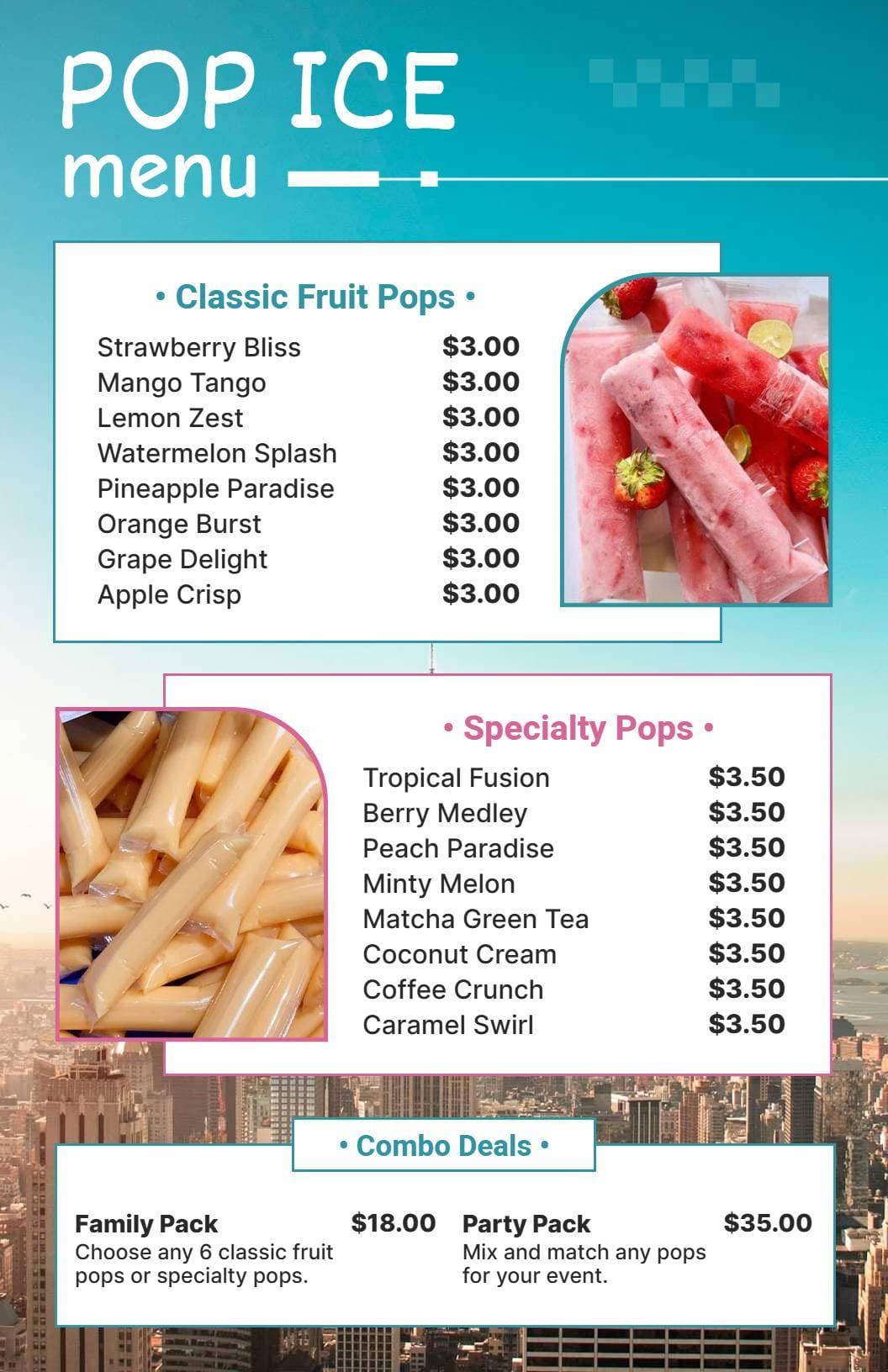Refreshing Fruit and Specialty Pops for Sweet Treat Lovers Dessert Menu Template