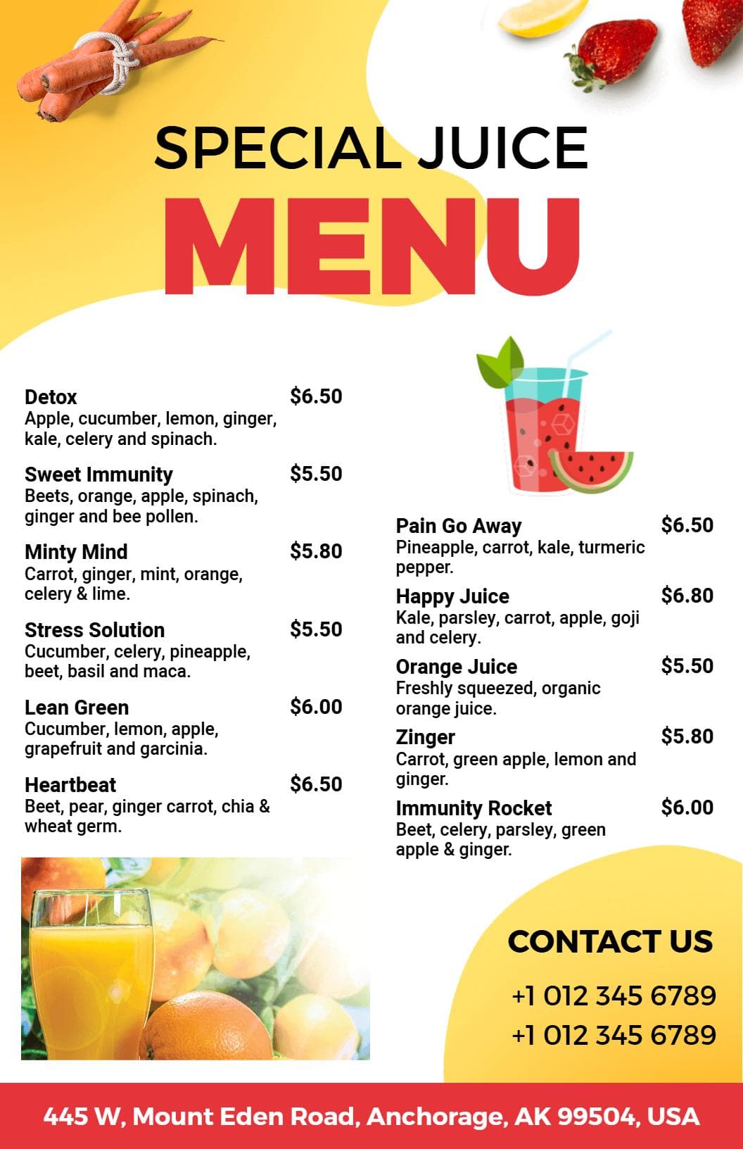 Refreshing Fruit and Vegetable Combinations for Health Juice Menu Template
