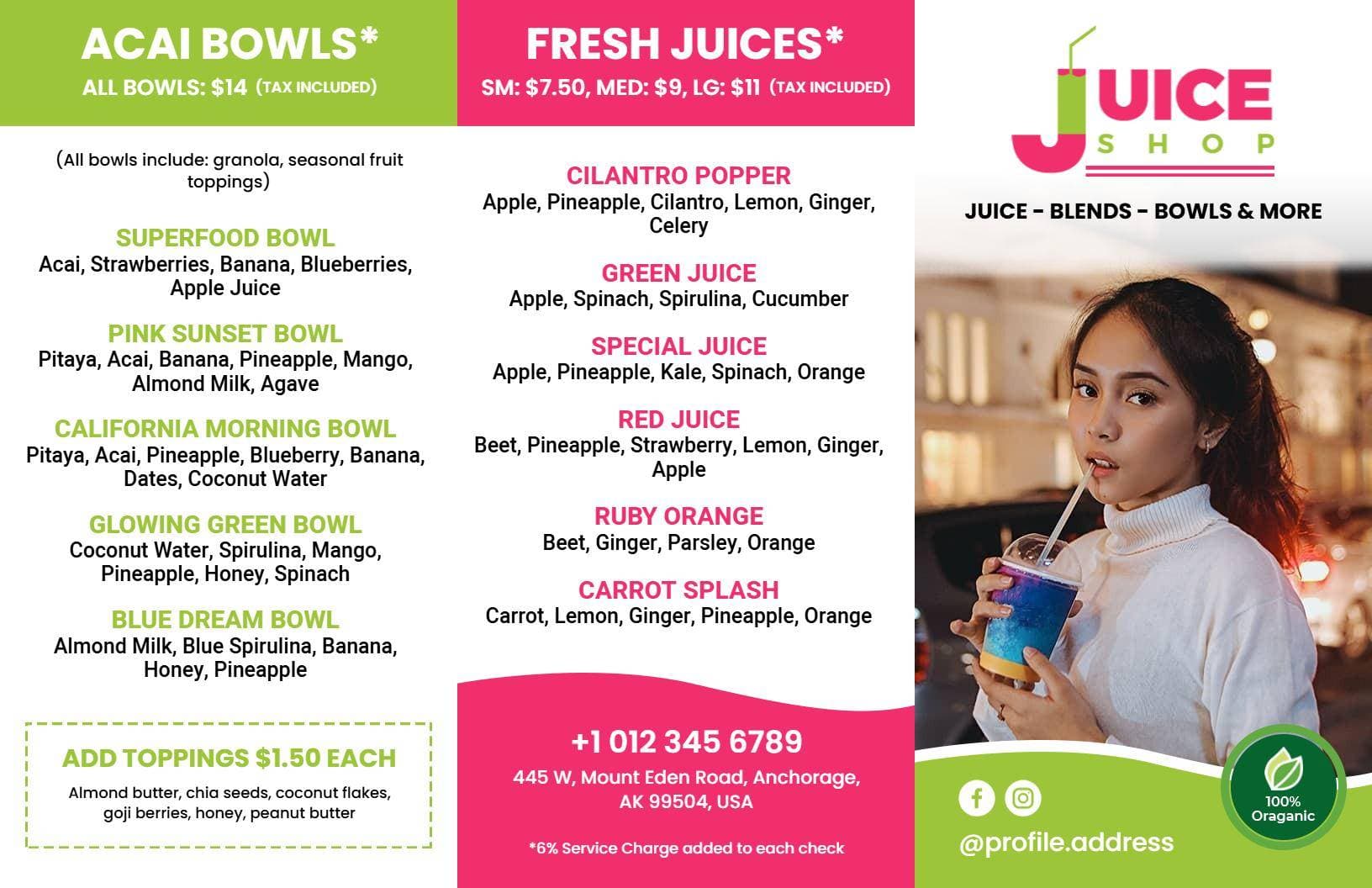 Refreshing Fruit Blends and Nutrient-Rich Smoothies Juice Menu Template