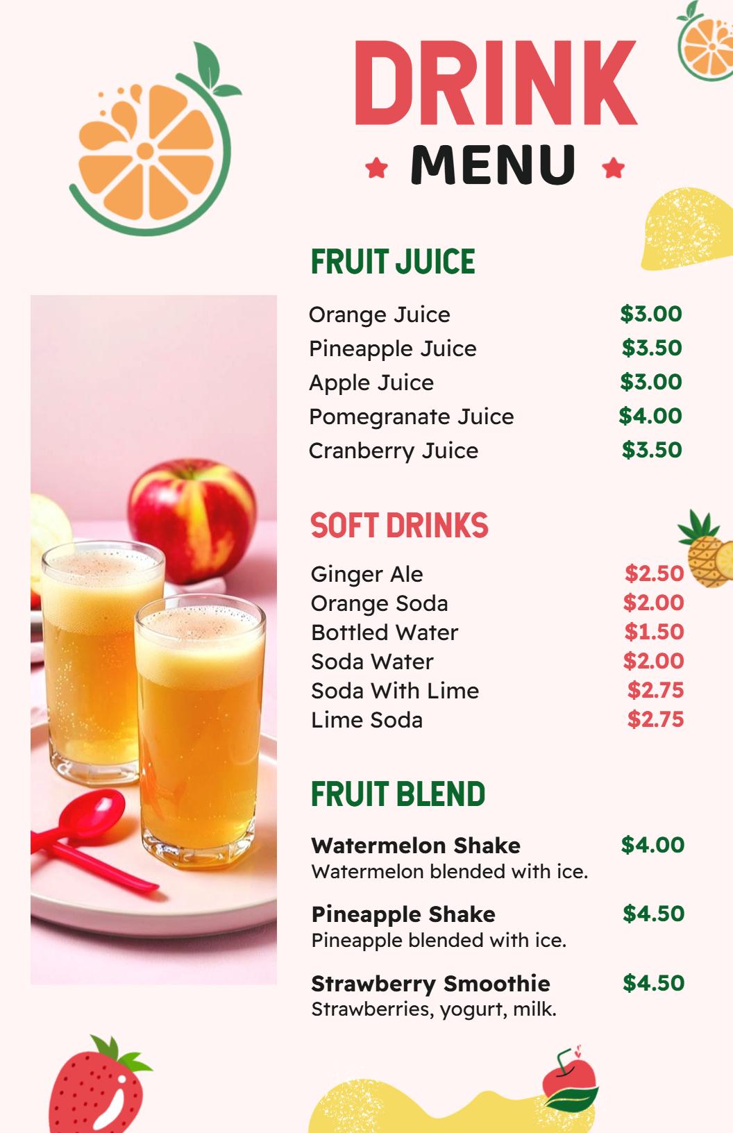 Refreshing Fruit Juices and Smooth Blends Drink Menu Template
