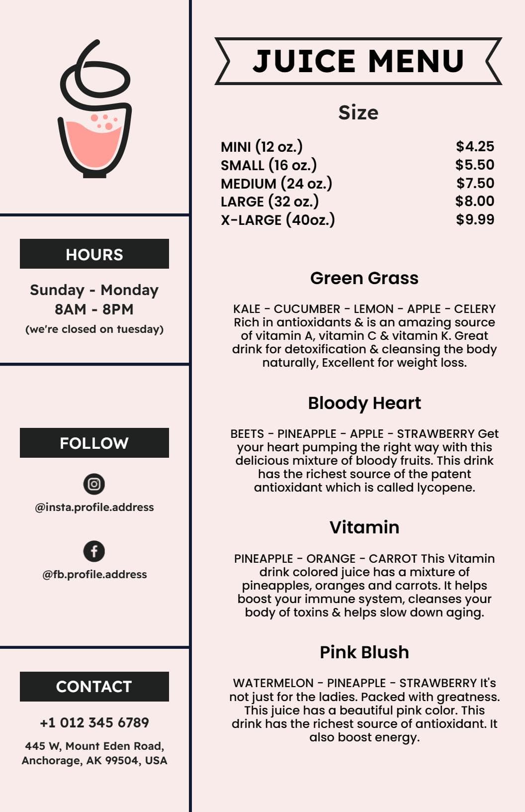 Refreshing Green and Fruity Blends for All Sizes Juice Menu Template