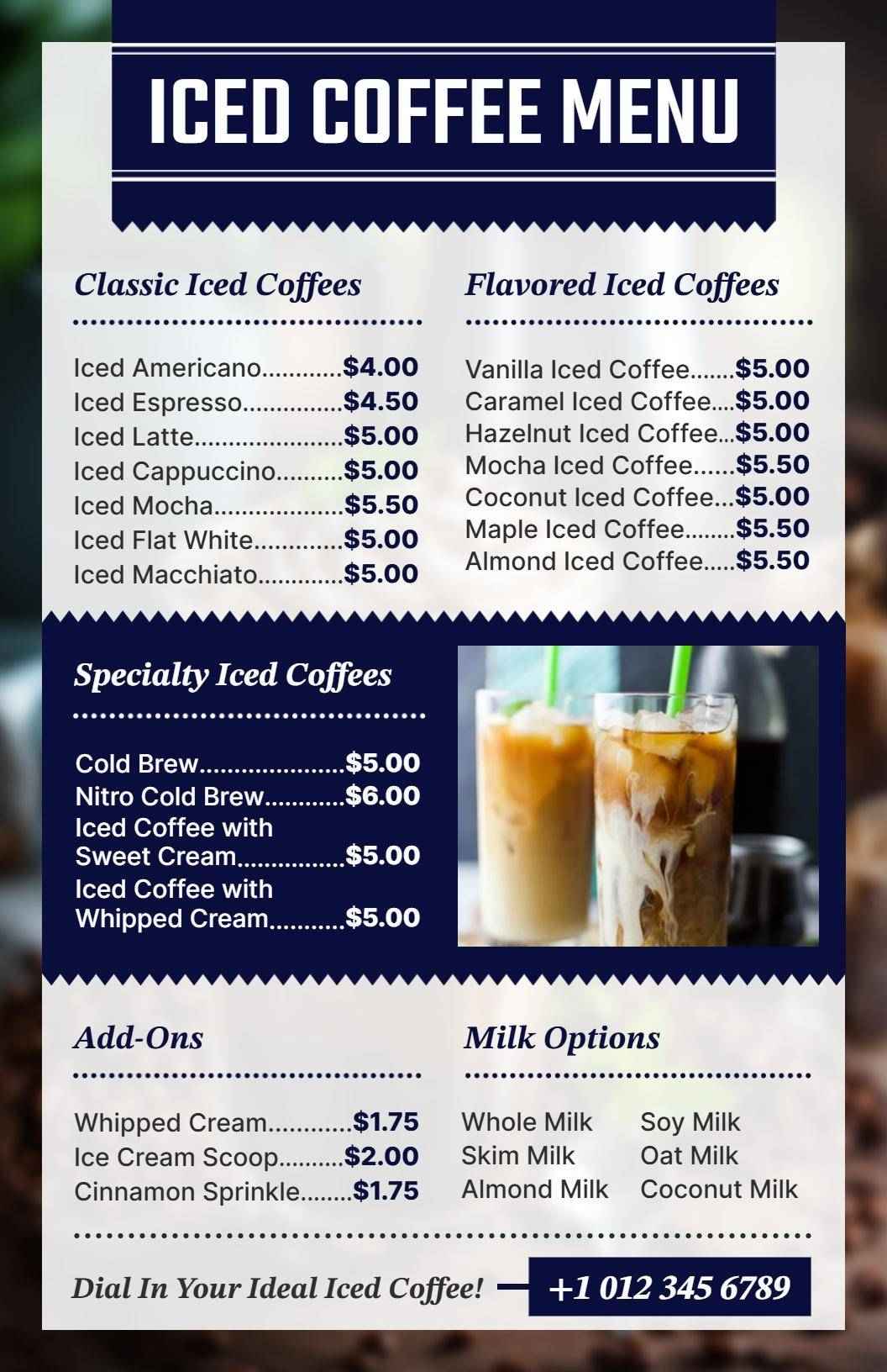Refreshing Iced Coffee Selections and Flavors Cafe Menu Template