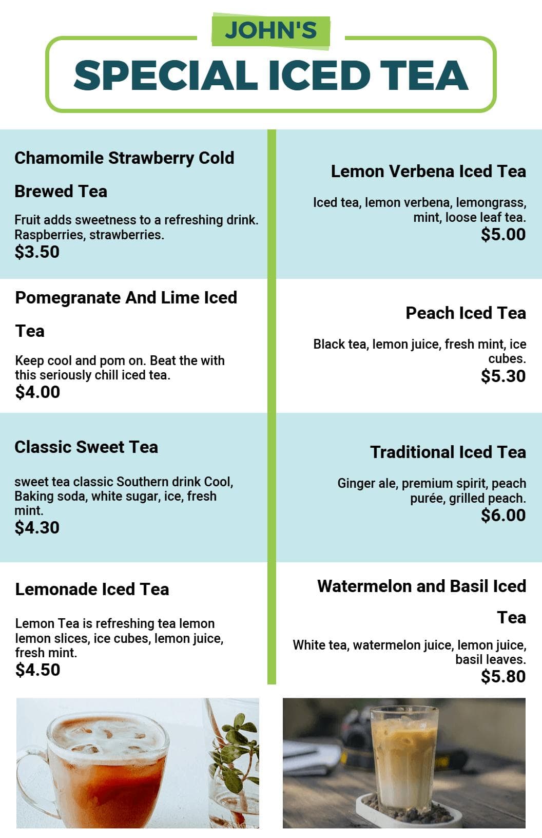 Refreshing Iced Tea Selections Featuring Unique Flavors Tea Menu Template
