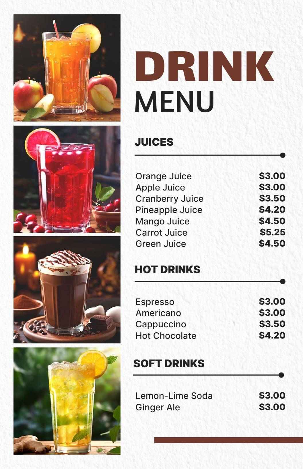 Refreshing Juice Selections and Hot Beverage Options Drink Menu Template