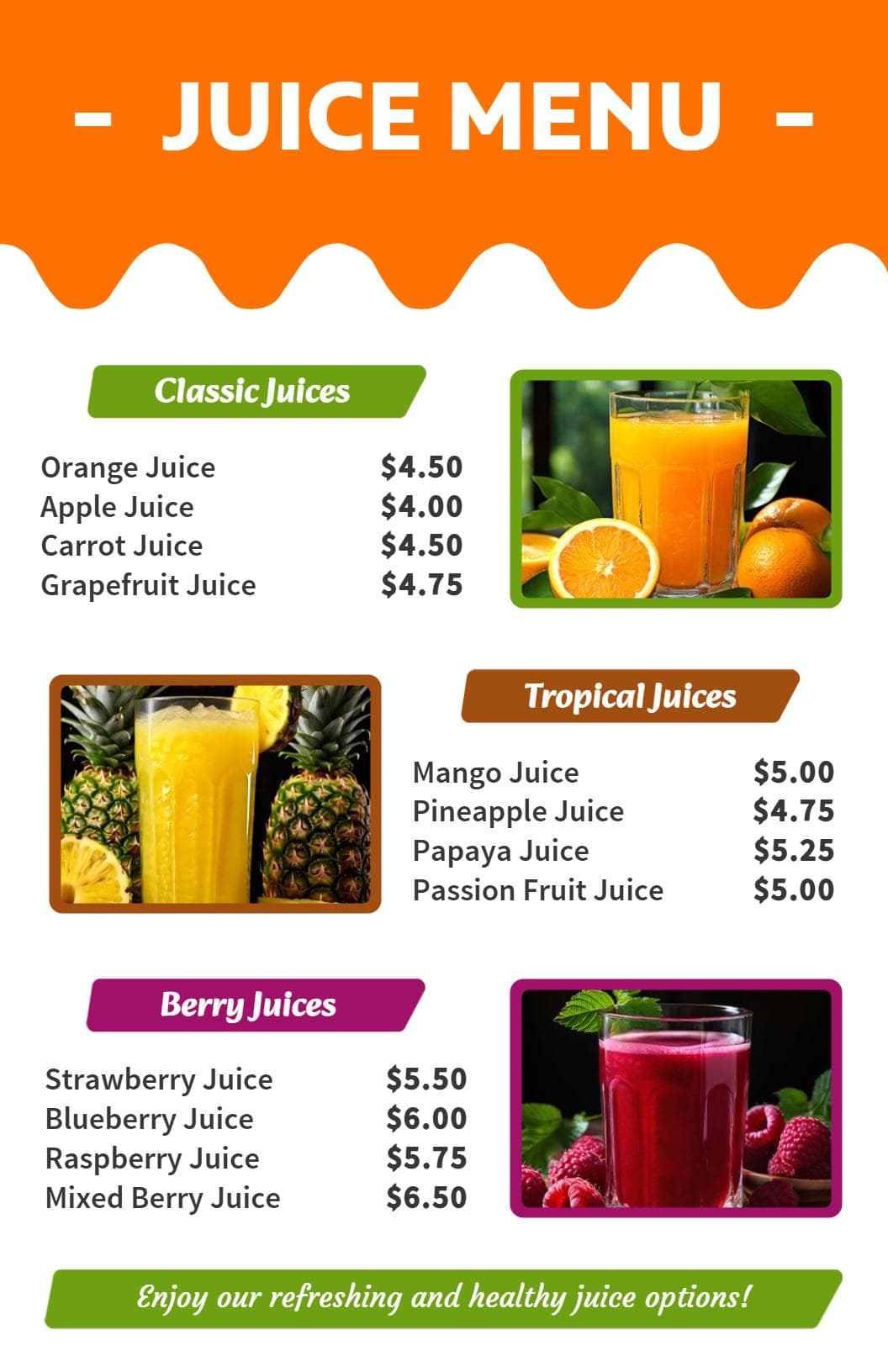 Refreshing Juice Selections Featuring Classic and Tropical Flavors Juice Menu Template