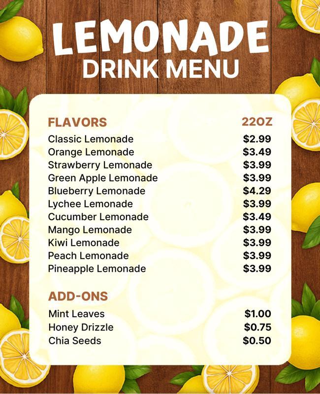 Refreshing Lemonade Drink Menu Flyer Template