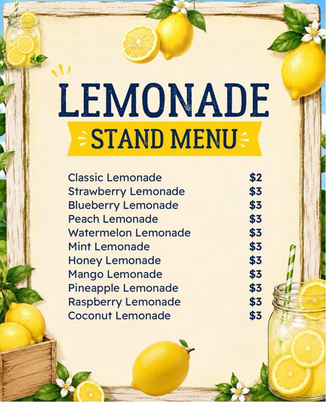 Refreshing Lemonade Stand Menu Poster Template